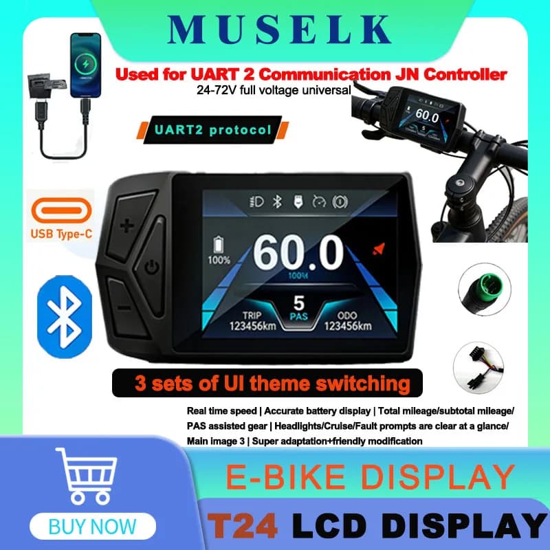 Display LCD T24 per Bicicletta Elettrica 24V-72V SM/WP per Protocollo di Comunicazione UART 2