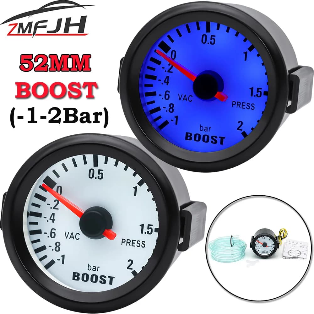 Manometro universale per auto 2 "52mm Bar Turbo Boost Gauge -1~2 Bar Boost Pressa per vuoto per luce blu Nero Cerchio Shell 12V Auto