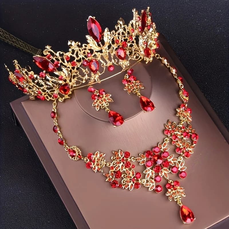 Bridal Red Crown Necklace Earring Set Bridal Accessories High end Wedding Crown Necklace Earring Set Evening Banquet Birthday He