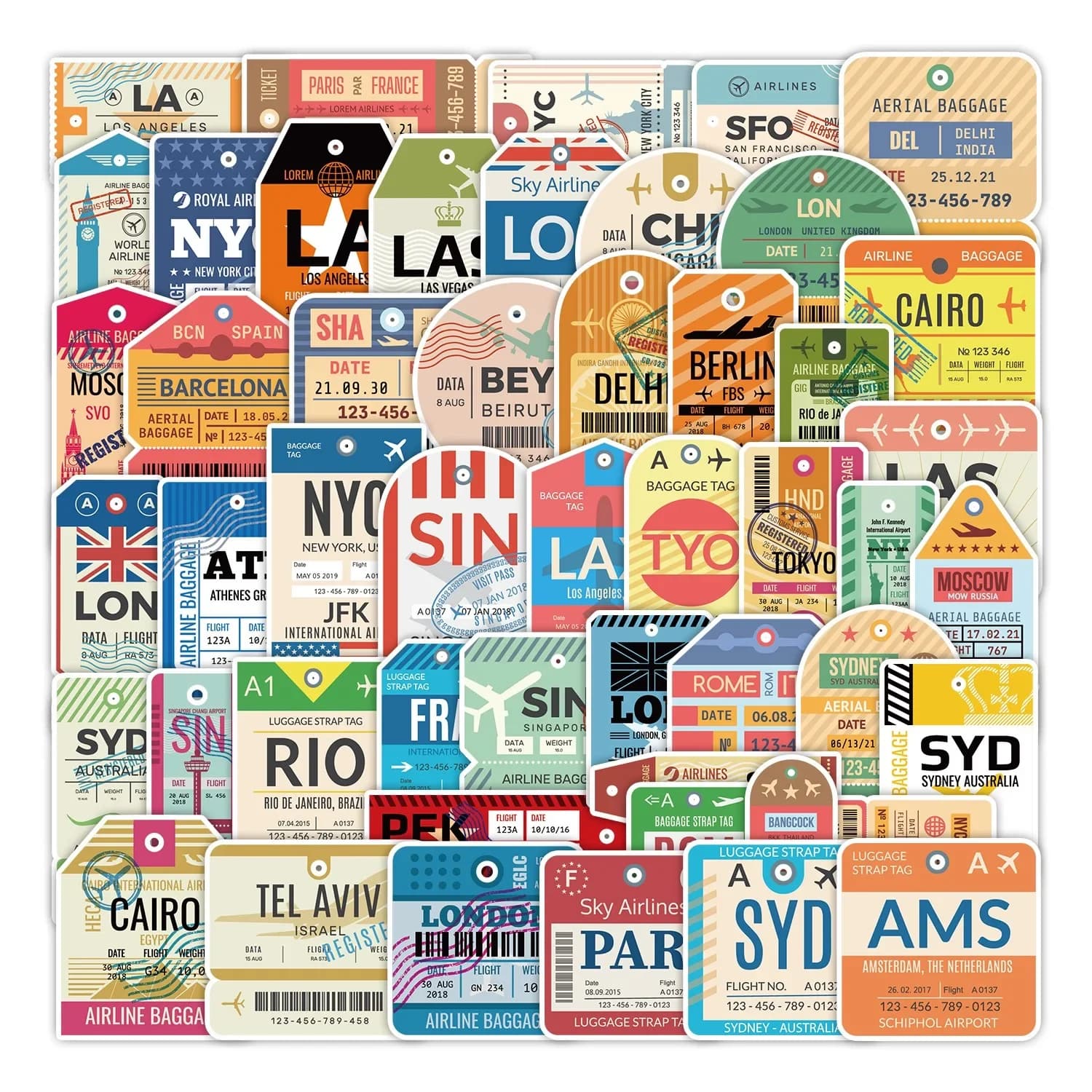 50 Pezzi Adesivi Vintage Biglietti Aerei Carta d'Imbarco Graffiti Decalcomanie Viaggio Mondiale per Valigie Telefono Chitarra Laptop Impermeabili