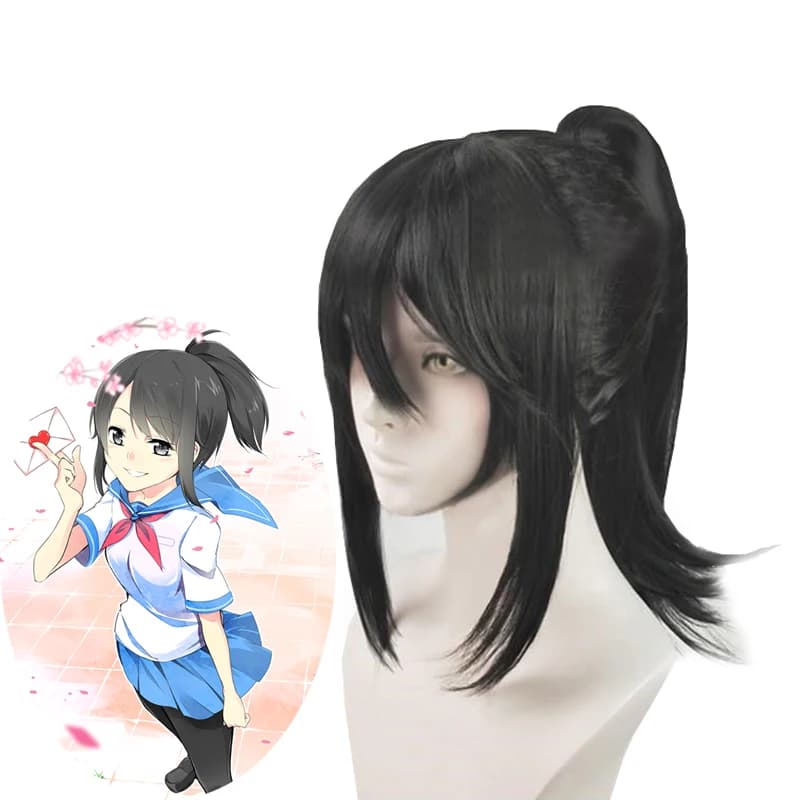 Giochi Yandere Simulator Ayano Aishi Cosplay hairwear Parrucca sintetica nera rimovibile con coda di cavallo + berretto per parrucca