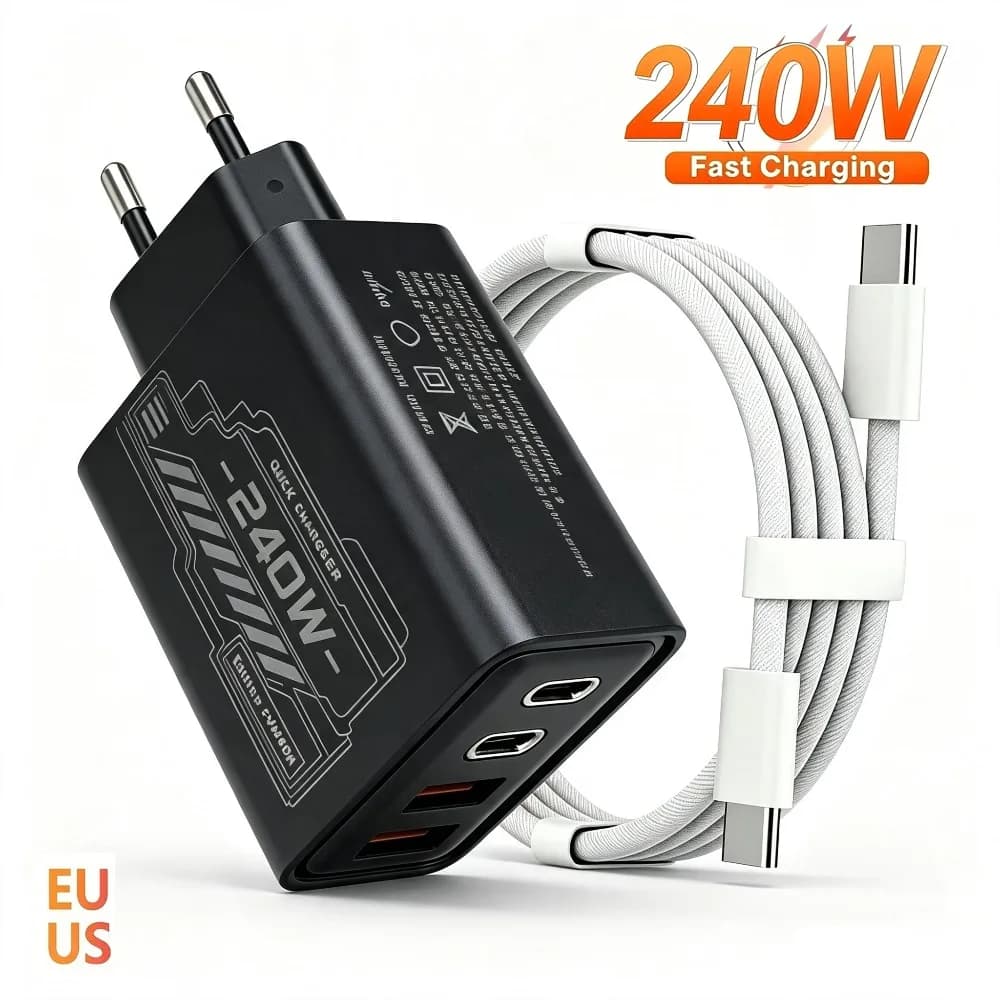 Universal 240W GaN Mechanical Multi‑Port USB Adapter EU US Plug Travel Fast Charger for Phone Laptop PC Daily Charging