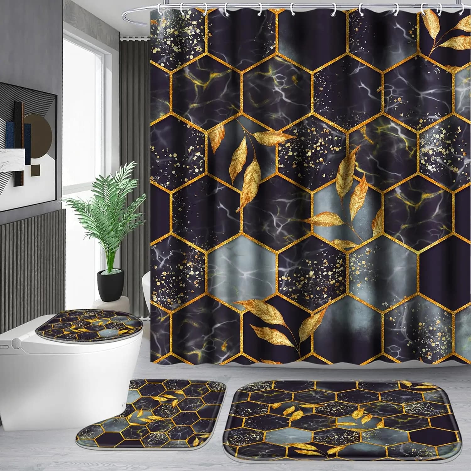 Set tenda da doccia da bagno da 4 pezzi, set da bagno con tappeti (tappetino da bagno, a forma di U e tappetino copriwater) e 12 ganci, a nido d'ape