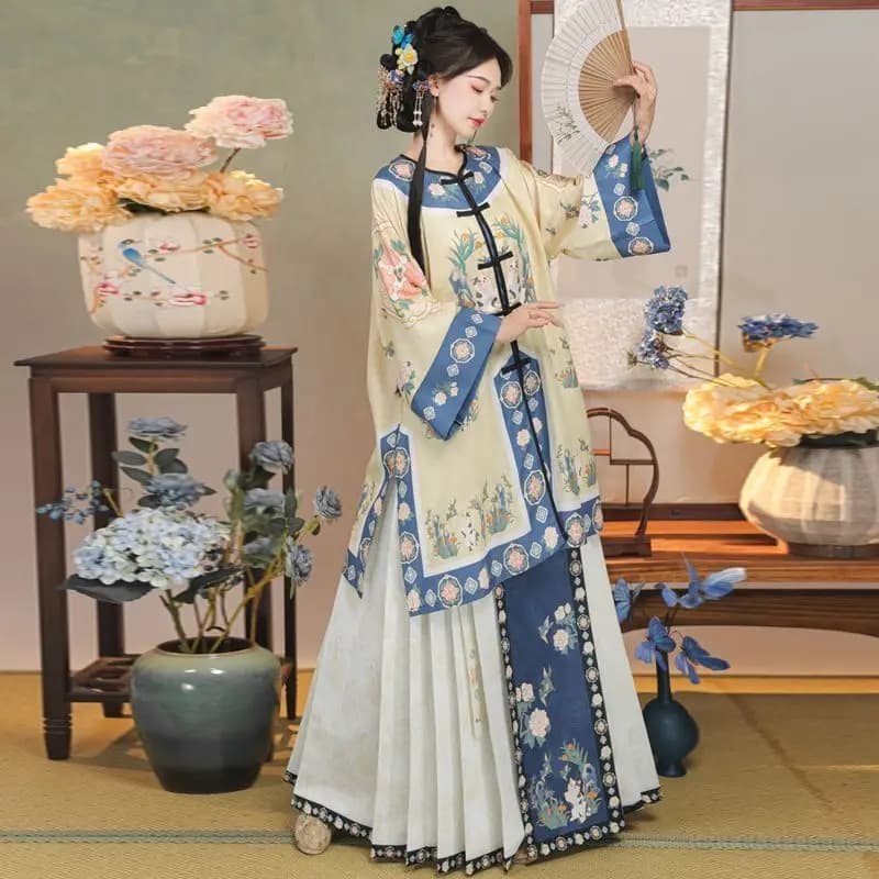 Original Han Style Women's Set, Recreated Round Neck Printed Hanfu Changyi with Heavy Embroidery, Qing Dynasty Mamian Skirt Suit