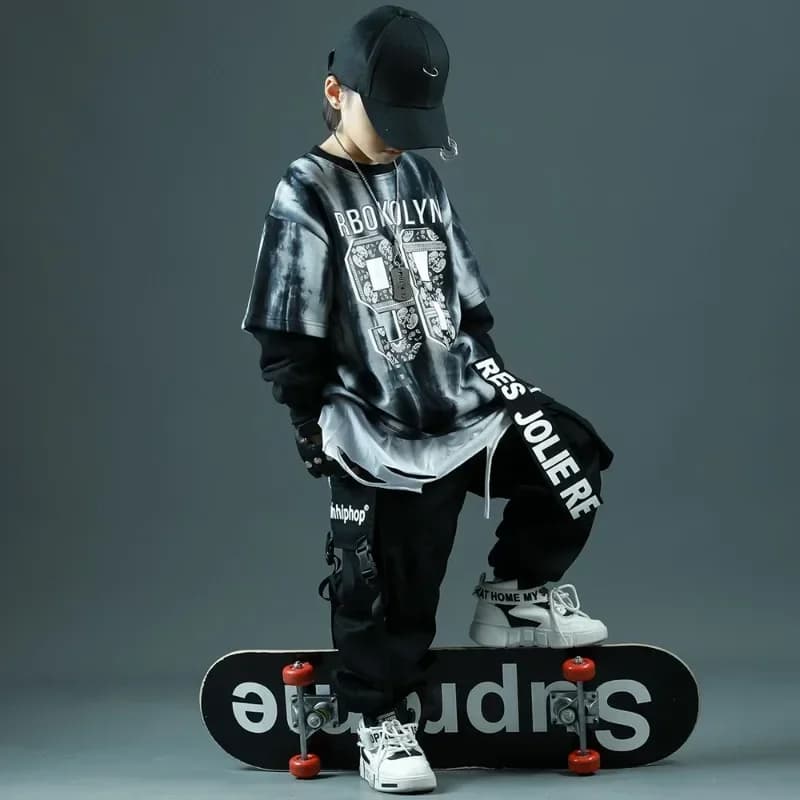 Abiti per spettacoli hip-hop con fiori di anacardi, vestiti per spettacoli di batteria per ragazzi, abbigliamento sportivo per skateboard per ragazze, danza jazz, 4-16 anni