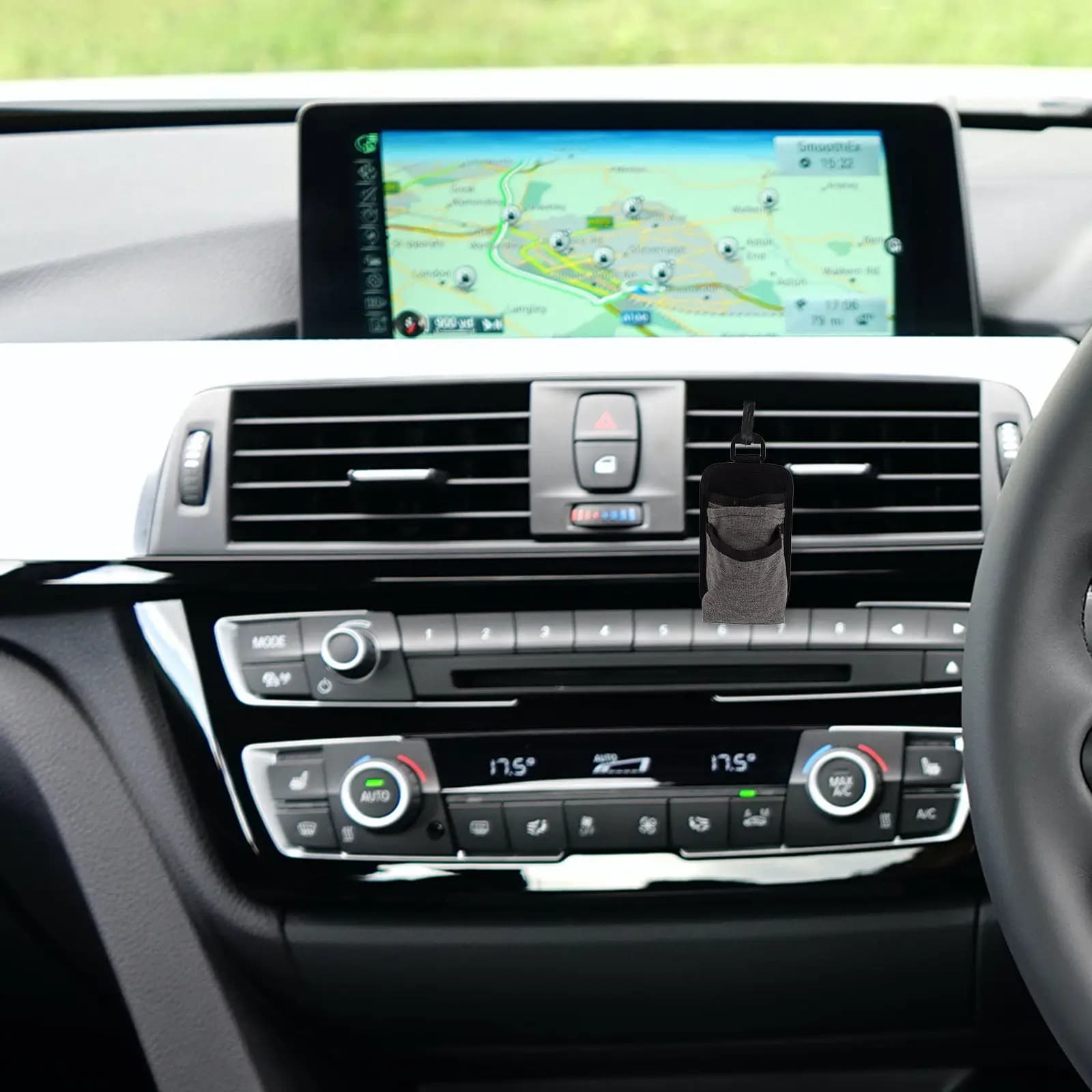 Car Vent Storage Bag Grey Multipurpose Air Vent Organizer Hanging Pouch Cell Phone Power Bank Holder Cable Charging Hole Car