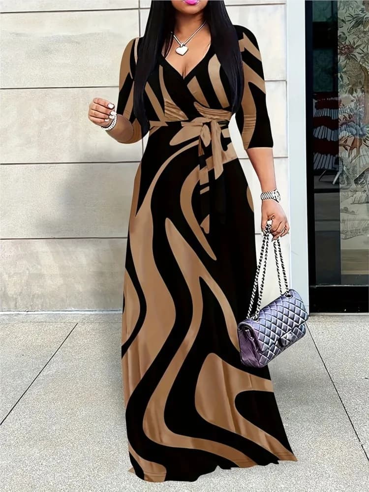 Abito da donna con stampa di moda per donna Casual sexy scollo a V profondo con lacci Abiti larghi Robe Femme Vacanza estiva Abbigliamento da donna