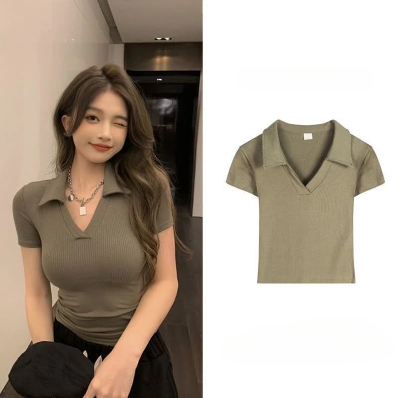 Polo da golf T-shirt a maniche corte con scollo a V T-shirt estiva da donna Harajuku Design Y2K Slim-Fit Strato base Top corto Spalla dritta