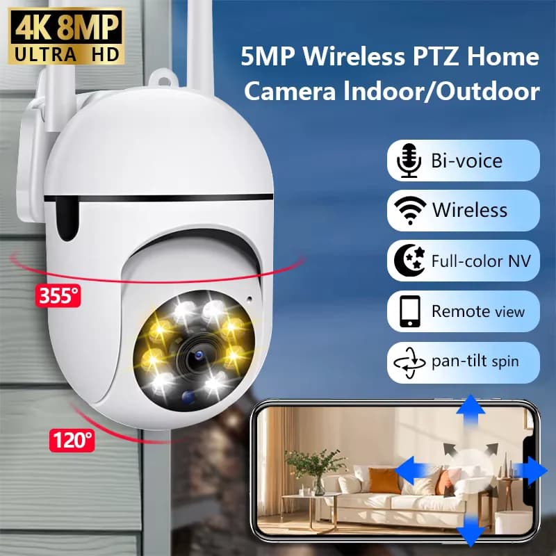 Telecamera di Sicurezza WiFi 8MP 2.4G per Sorveglianza Domestica con PTZ, Visione Notturna IR, Rilevamento Movimento, Monitoraggio Bambini, 2 Antenne