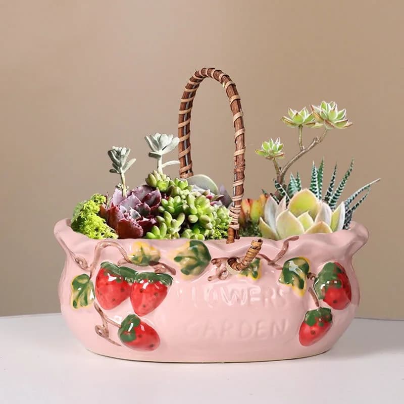 Creative Portable Strawberry Ceramic Basket Flower Pot Relief Tote Desk Potted Plants Modern Living Room Home Decoration