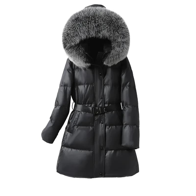 Genuine Leather Down Jacket Women Winter Natural Fox Fur Collar Hooded Lady Lace-up Belt White Duck Down Warm Sheepskin Outwear