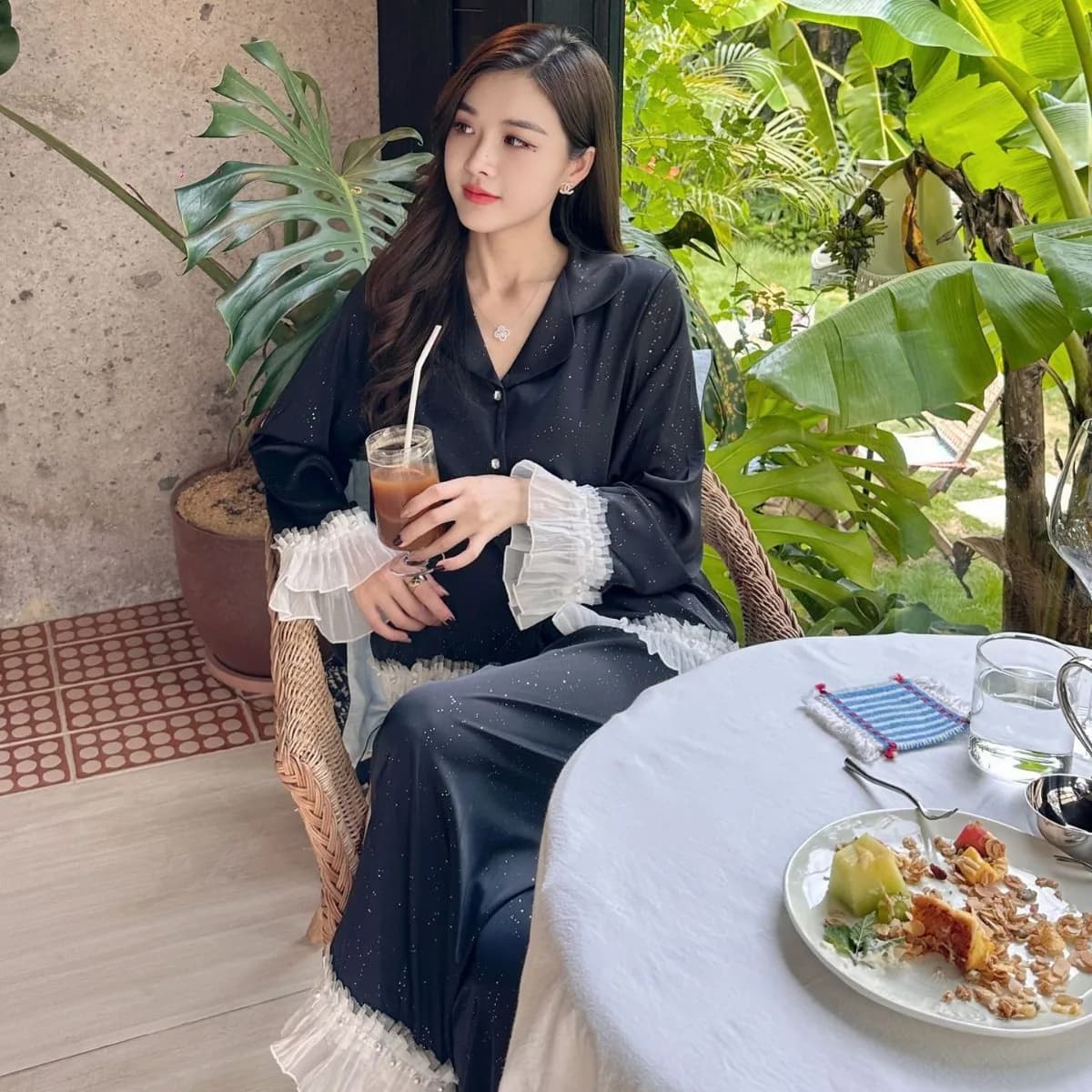 New French Sweet and Elegant Mesh Splicing Women's Summer Home Clothes Long Sleeve Long Pants Ice Silk Thin Pearl Pajamas