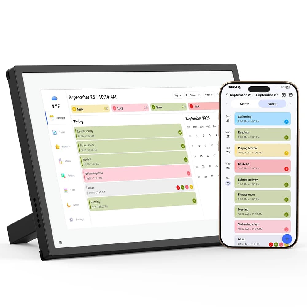 Calendario Digitale 10.1" con Schermo Touch Interattivo per Pianificazione Familiare, Agenda Giornaliera, Settimanale e Mensile, Album Condiviso