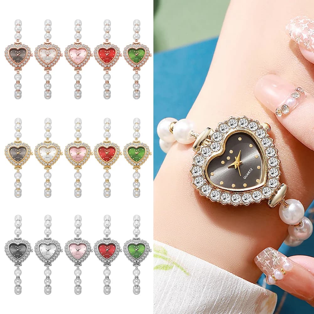 Elegant Heart-Shaped Rhinestone Womens Watch Faux Pearl Bracelet Strap Jewelry Watch Small Dial Quartz-Timepiece