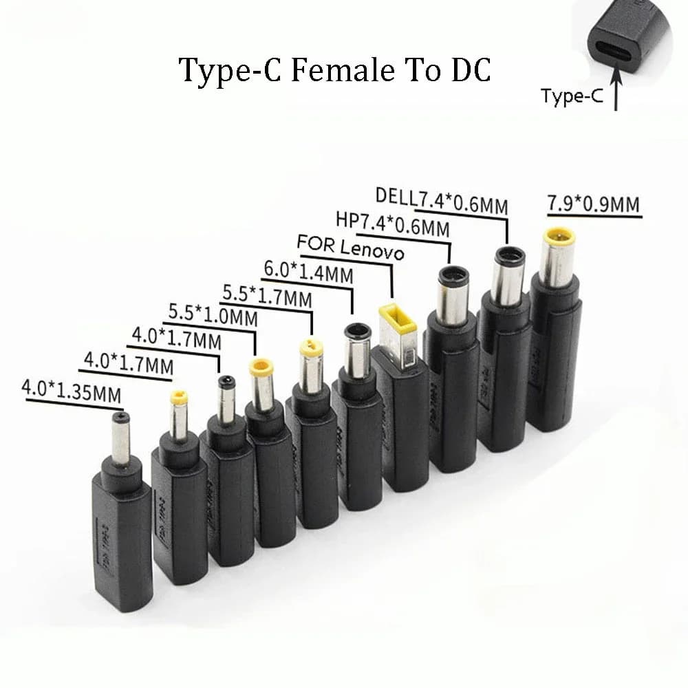 10 USB-C female connectors to DC male 3.0x1.0, 4.8x1.7, 4.5x3.0, 5.5x2.1, 5.5x2.5, 7.4x5.0 mm - USB DC power adapter