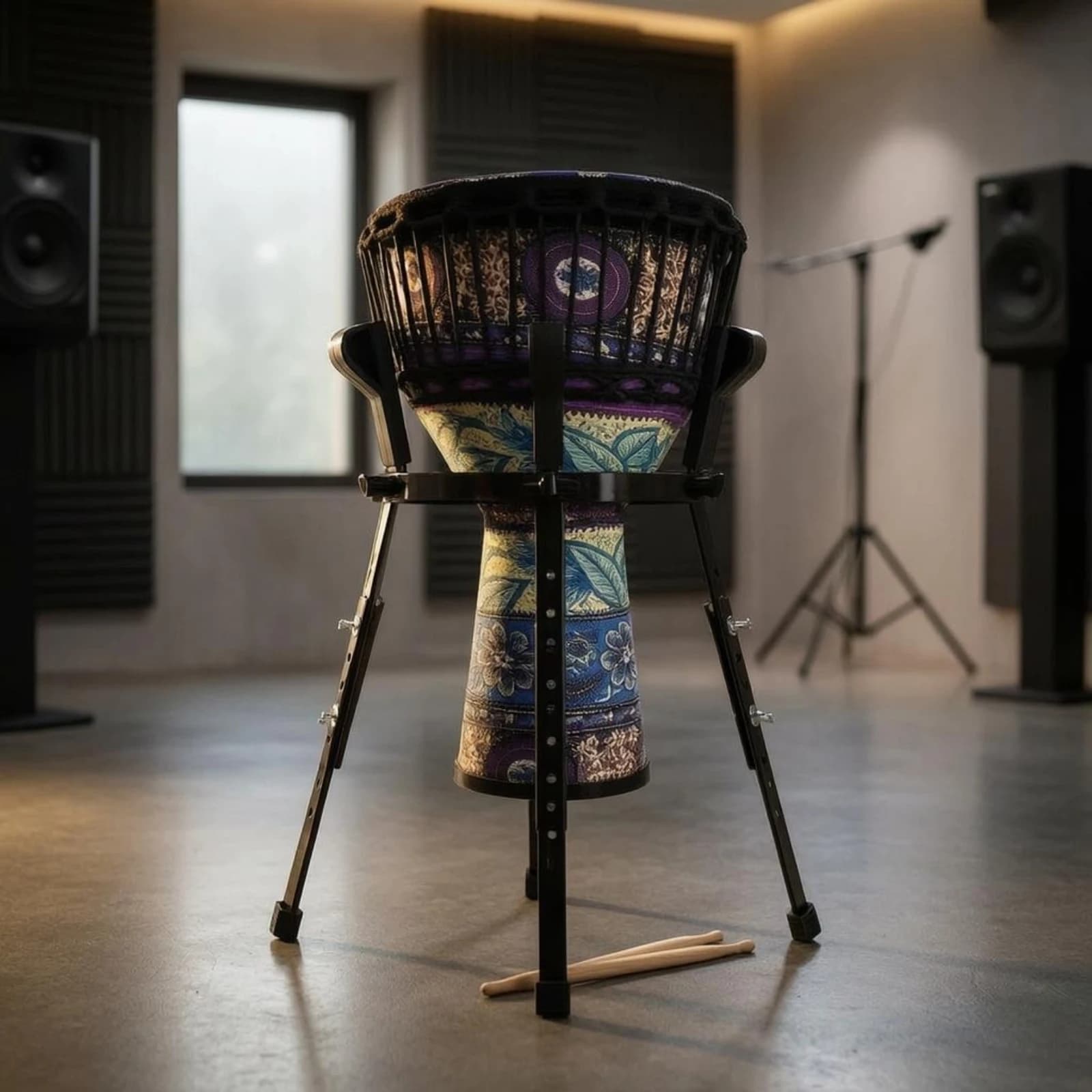 African Drum Stand Padded Touch Point Points Tripod Drum Stand Adjustable Percussion Holder Black Finish Music Accessory Metal