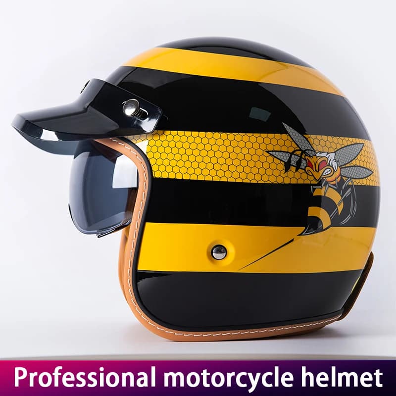New Retro Motorcycle Helmet Yellow Bee 3/4 Shell Integrated Motorcycle Windshield with Tent for Hat Safety Equipment for Cycling Vintage Style