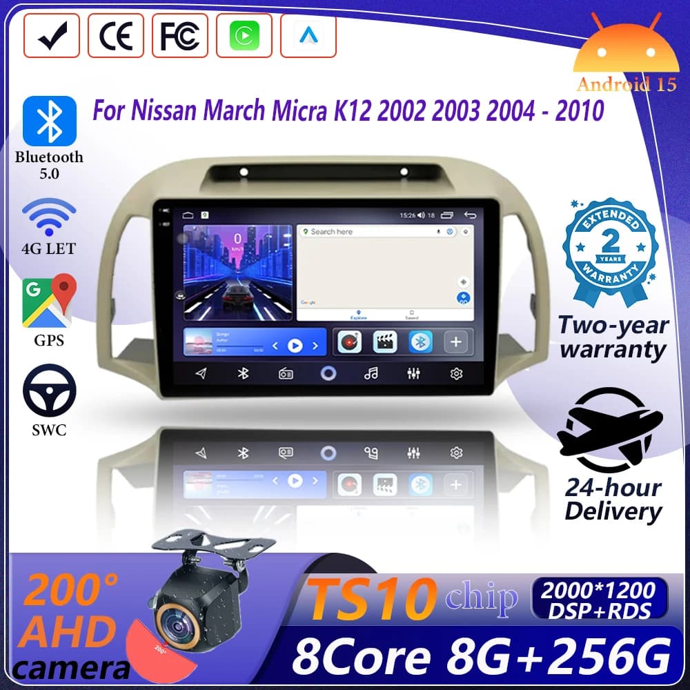 Autoradio Android 15 Carplay Per Nissan March Micra K12 2002 2003 2004 - 2010 Sistema Intelligente di Navigazione 5G Wifi Bluetooth