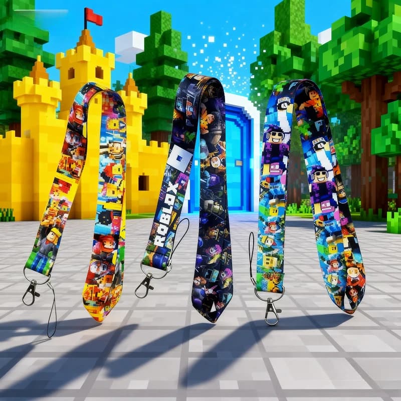 Laccetto da collo a tema ROBLOX con porta badge e laccetto per cellulare/fotocamera, ideale per giocatori e come accessorio per feste di compleanno