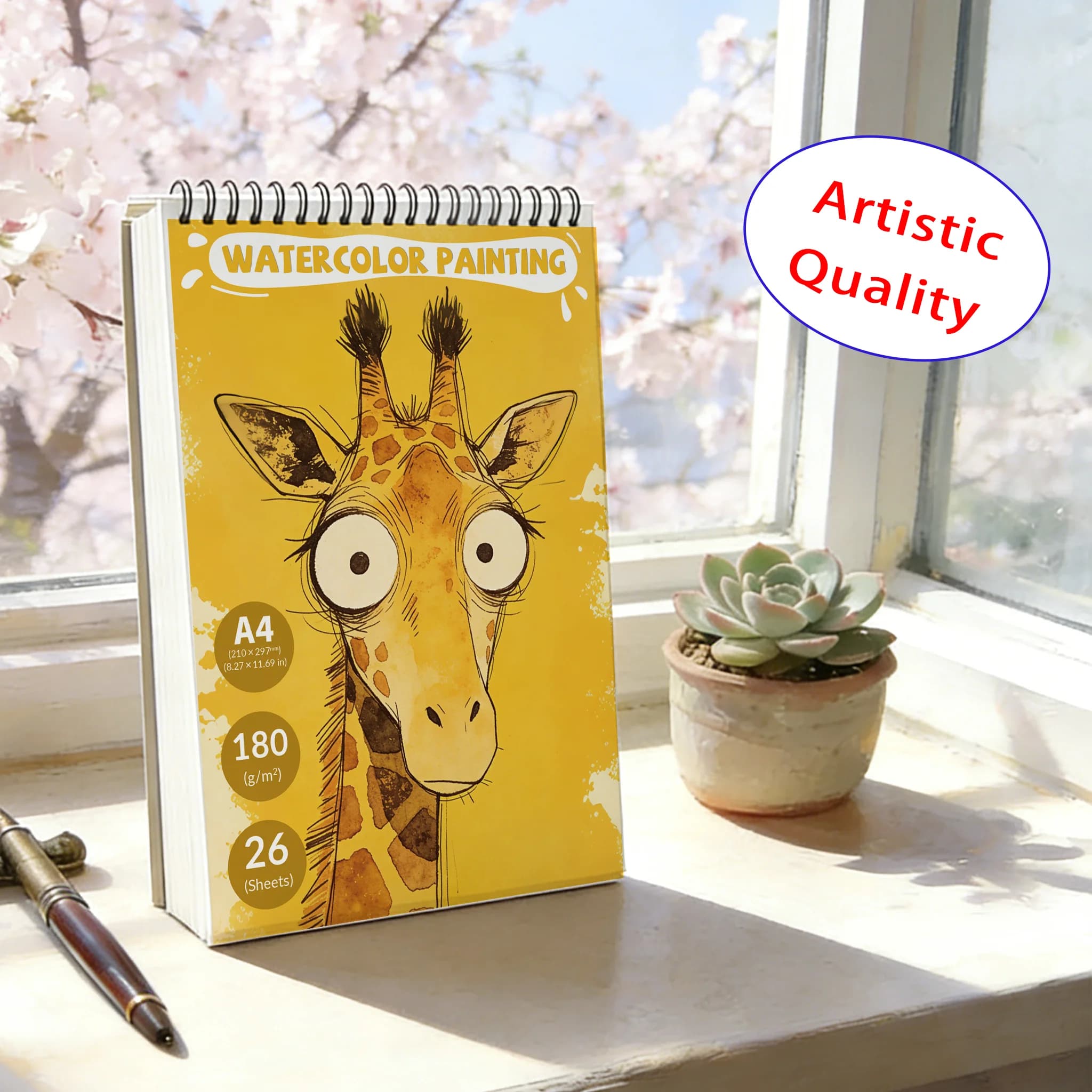 A4 Spiral Watercolor Pad 180gsm, Cartoon Giraffe Big Eyes Cover, 26 Sheets Acid-Free Art Sketchbook for Back to School & Gi