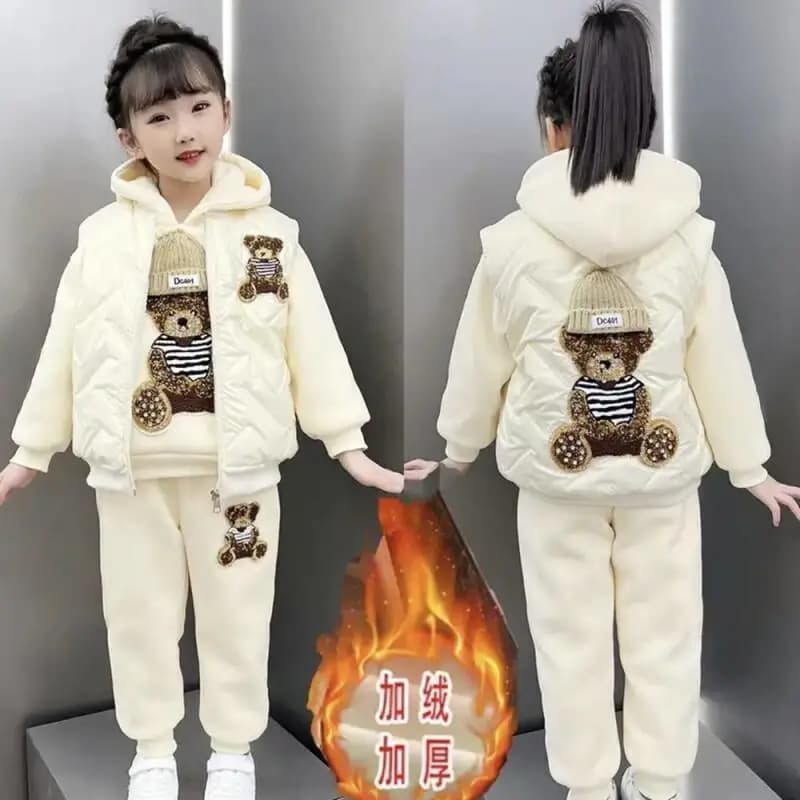 Set di cappotti casual Kawaii Set di 2 pezzi di moda Abbigliamento per bambini Ragazze Felpa con cappuccio invernale Gilet Pantaloni Set foderato in pile spesso caldo per bambini
