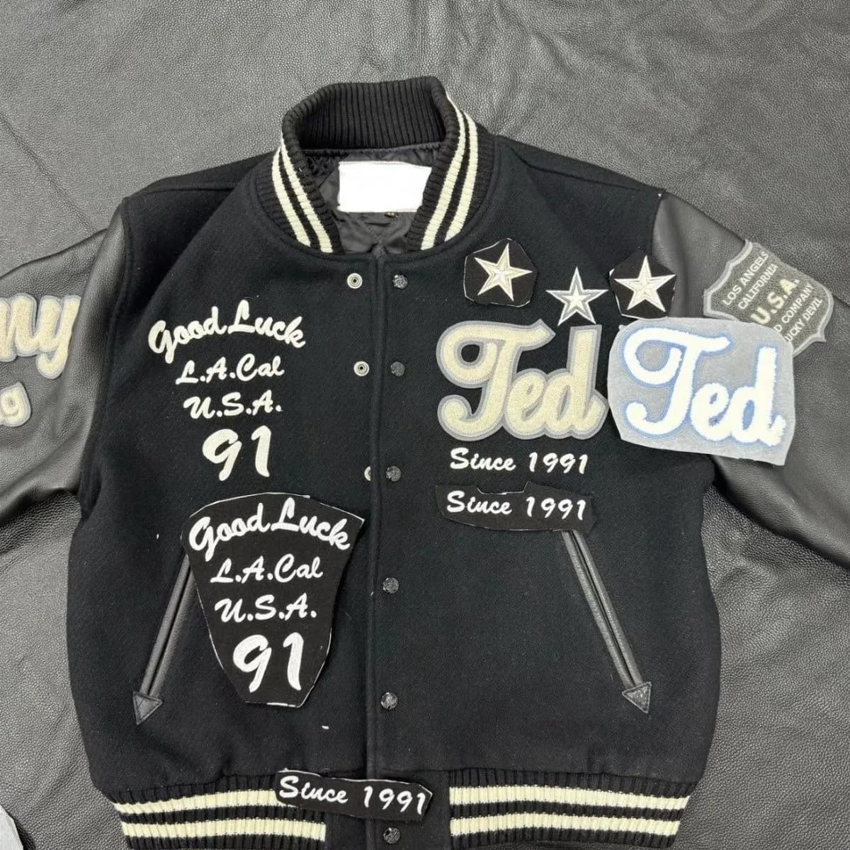 Retro Style Men's Baseball Jacket Cotton Filled Coat Small Devil Print Loose Fit Warm Polyester Fiber Button Closure