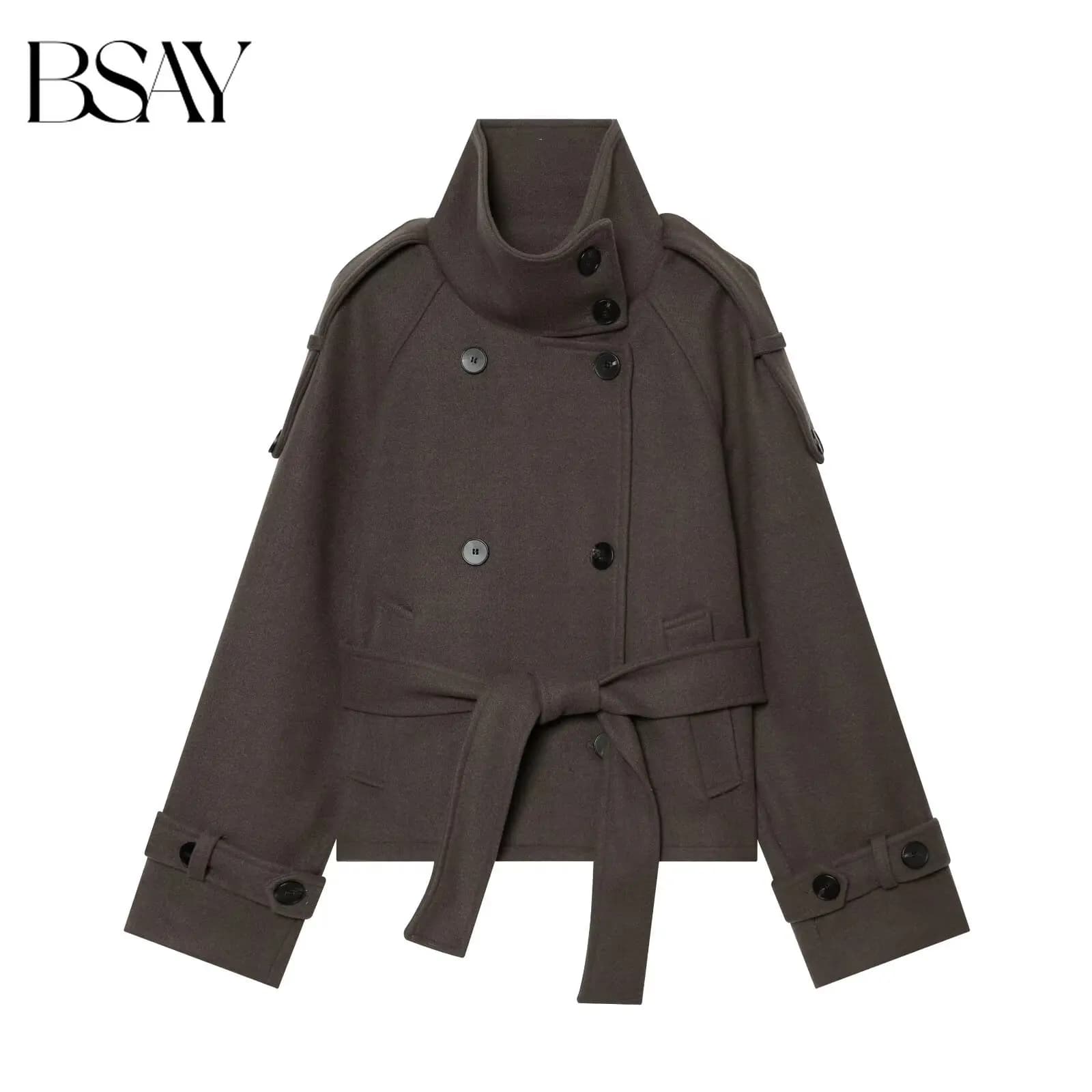 BSAY Women High Neck Belted Double Breasted Short Coat Epaulet Decor Loose Fit Cropped Sleeve Solid Fall Winter Ladies Outerwear