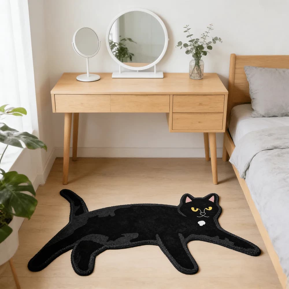 VIKAMA Cartoon Irregular-Shaped Lazy Black Cat-Shaped Anti-Slip Door Mat, Water-Absorbing Bathroom Plush Floor Mat, Home Decor