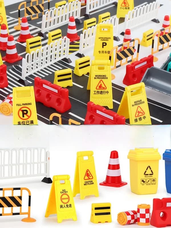 Modello di barriera stradale, pannello di segnalazione, recinzione giocattolo per parcheggio, modello di segnale stradale, modello in ferro, modello per scenari di sabbia