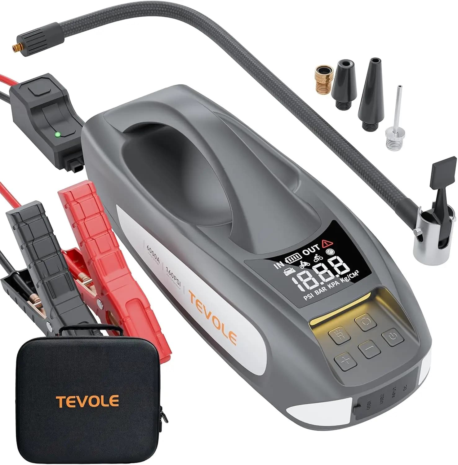 Avviatore di emergenza da 6000 A con compressore d'aria, 27000 mAh, 160 PSI, pacco batteria portatile da 12 V per auto a gas e diesel