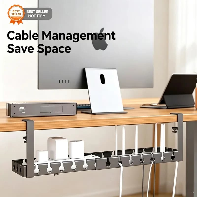 Metal Retractable Under Desk Cable Tray, No Drill Damage-Free Wire Organizer Rack for PC Router Data Cables Home Office