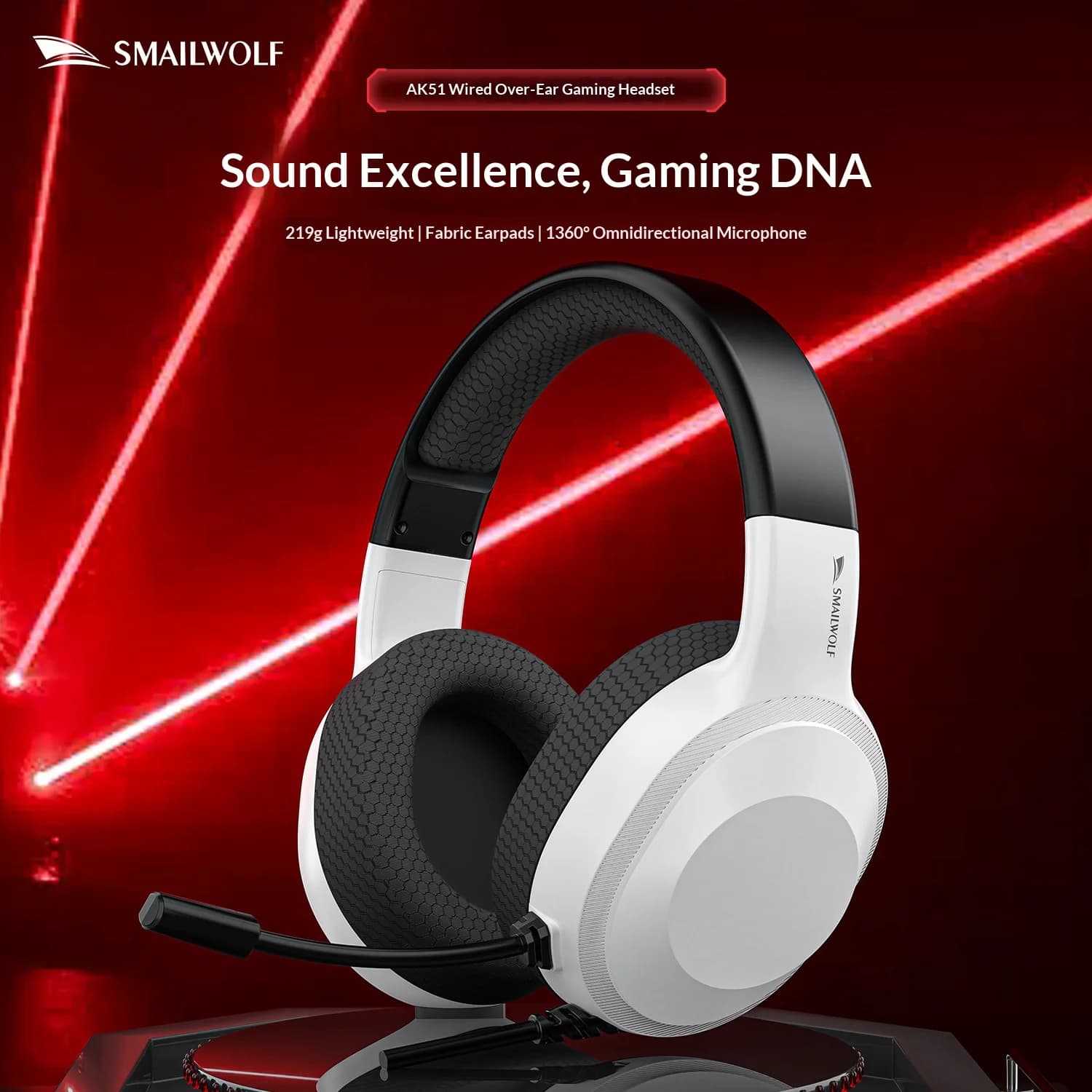 SMAILWOLF AK5 Wired Gaming Headset 40mm Driver, 219g Lightweight Fabric Earpads, 360° Mic for PC Laptop PS5 Switch