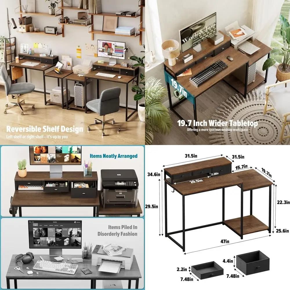 Scrivania per Computer 47 Walnut con Ripiano per Stampante, Supporto per Monitor, Contenitore e Ganci - Ideale per Gaming, Home Office e Studio