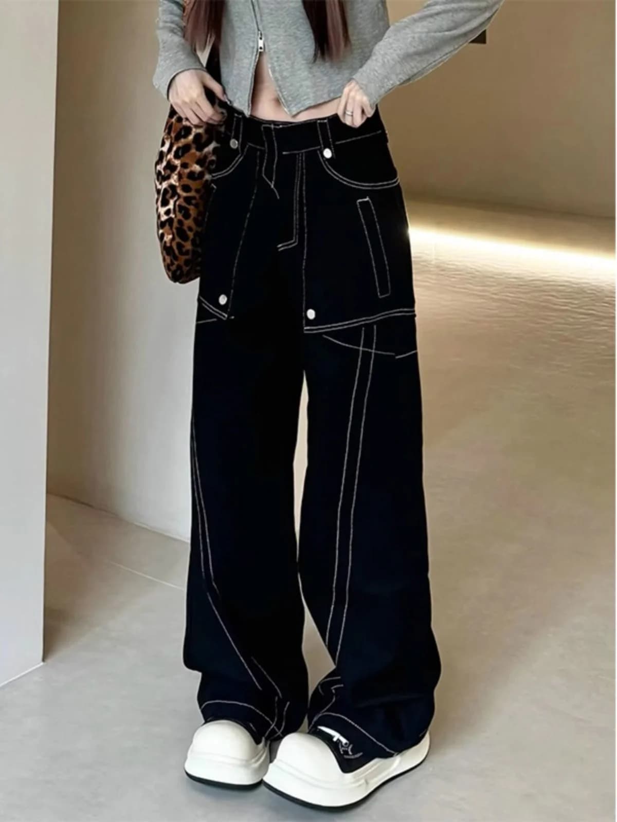 Jeans Americani a Gamba Dritta con Design a Cuciture Nere, Pantaloni Larghi Casual Vintage Lavati per Uomo e Donna