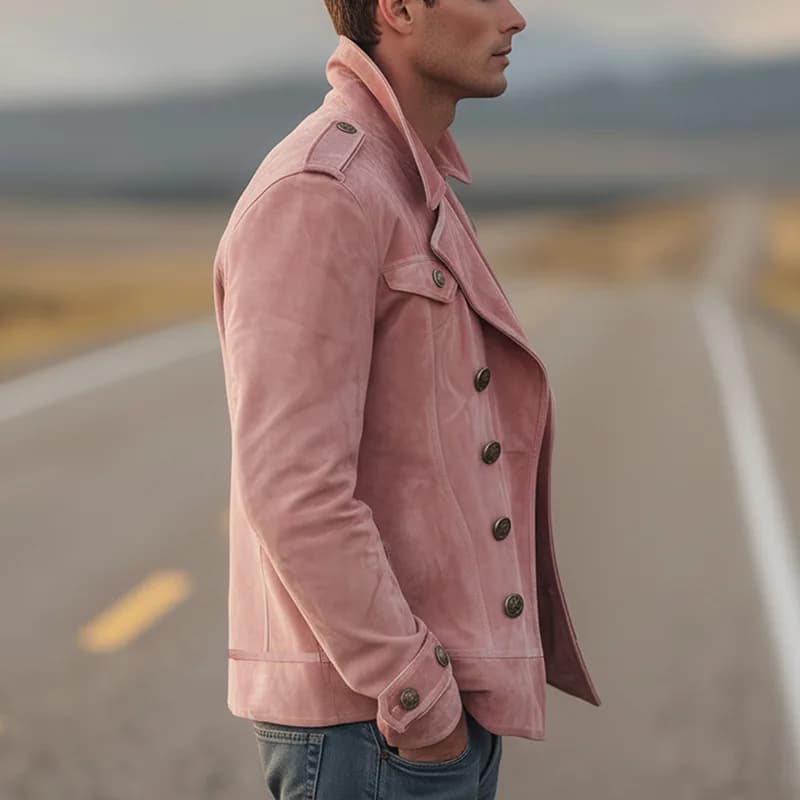 Pink Double Breasted Faux Suede Cropped Mens Jacket Bronze Button Polyester Loose Fit Casual Street Outerwear Windproof Coat