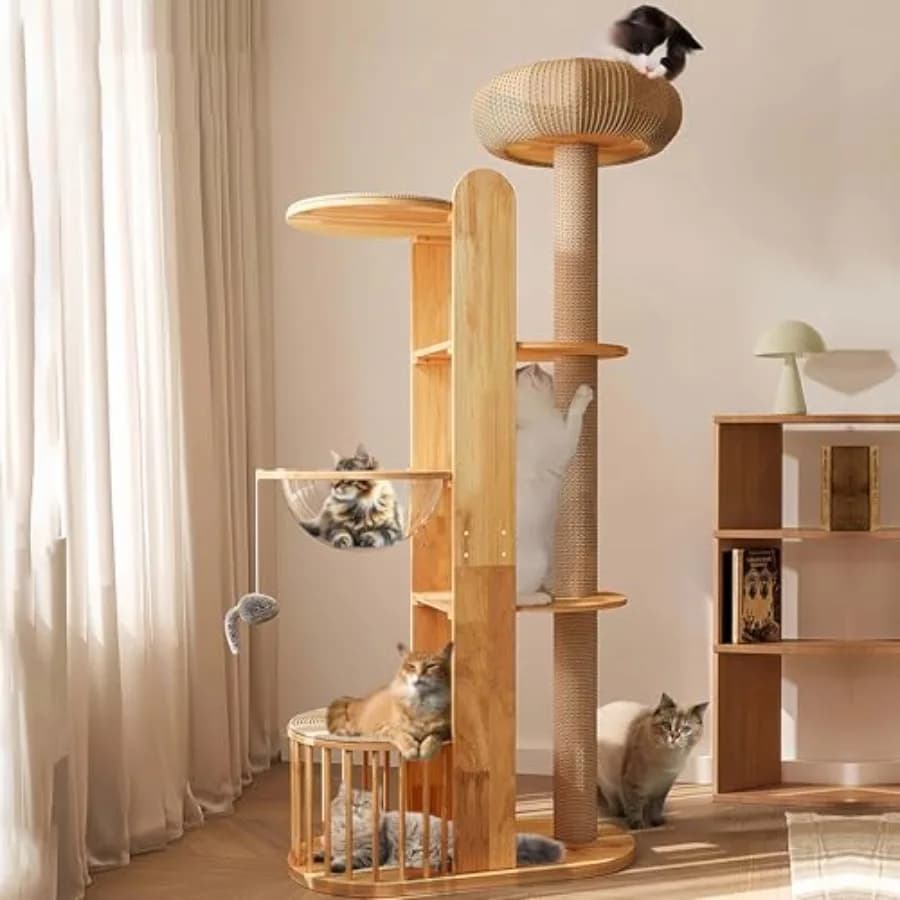 Torre per gatti da 75 pollici per gatti da interno, grande, moderna, per gatti adulti, con albero da arrampicata alto, angolare in legno, graziosa casetta per gatti
