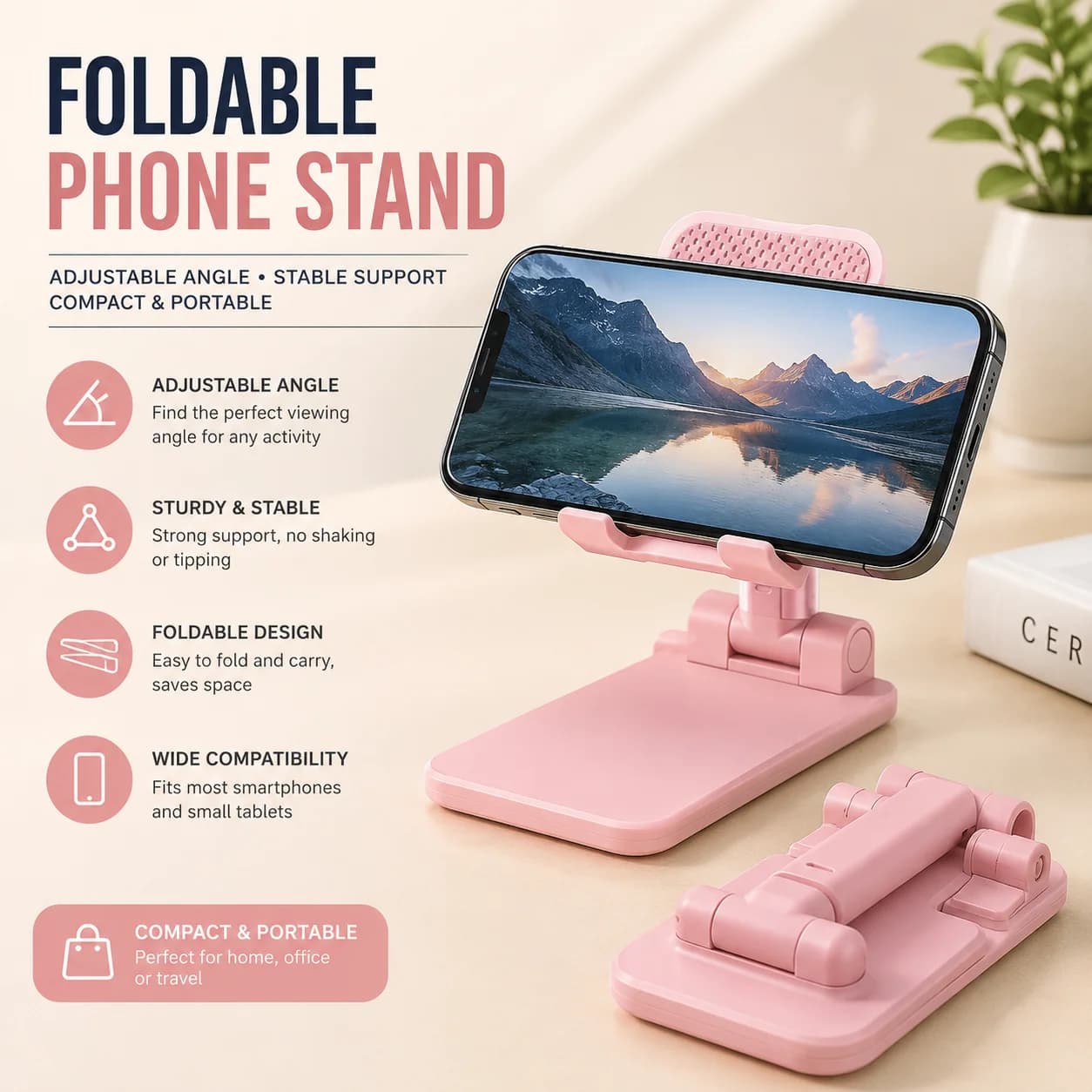 Supporto per cellulare, supporto da tavolo per tablet per live streaming, supporto da comodino, supporto universale multifunzionale pieghevole e regolabile in altezza