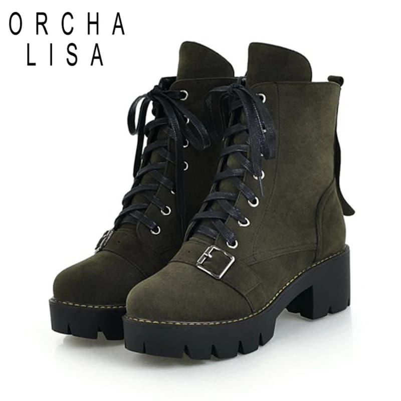 ORCHALISA 2025 New Classic Ankle Boot Platform Strap Flock Plus Size 40 41 42 43 US12 Fashion Round Toe 5.5CM Block Heels 3cm