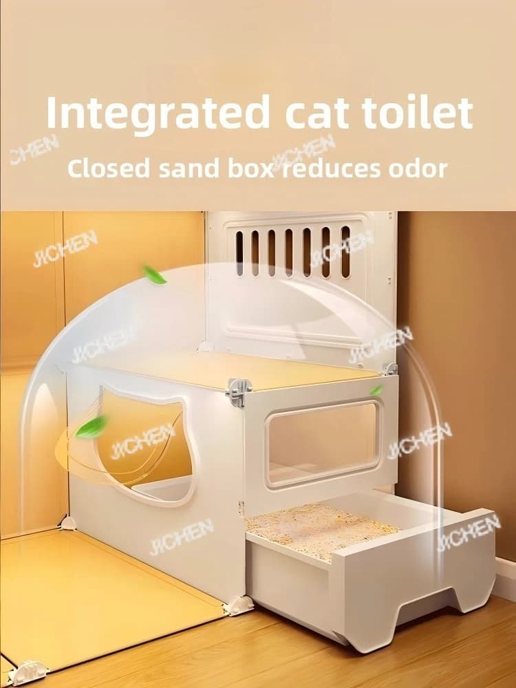 Casetta per gatti all-in-one con lettiera: recinzione multilivello, letto incorporato, spaziosa gabbia interna per gattini e gatti