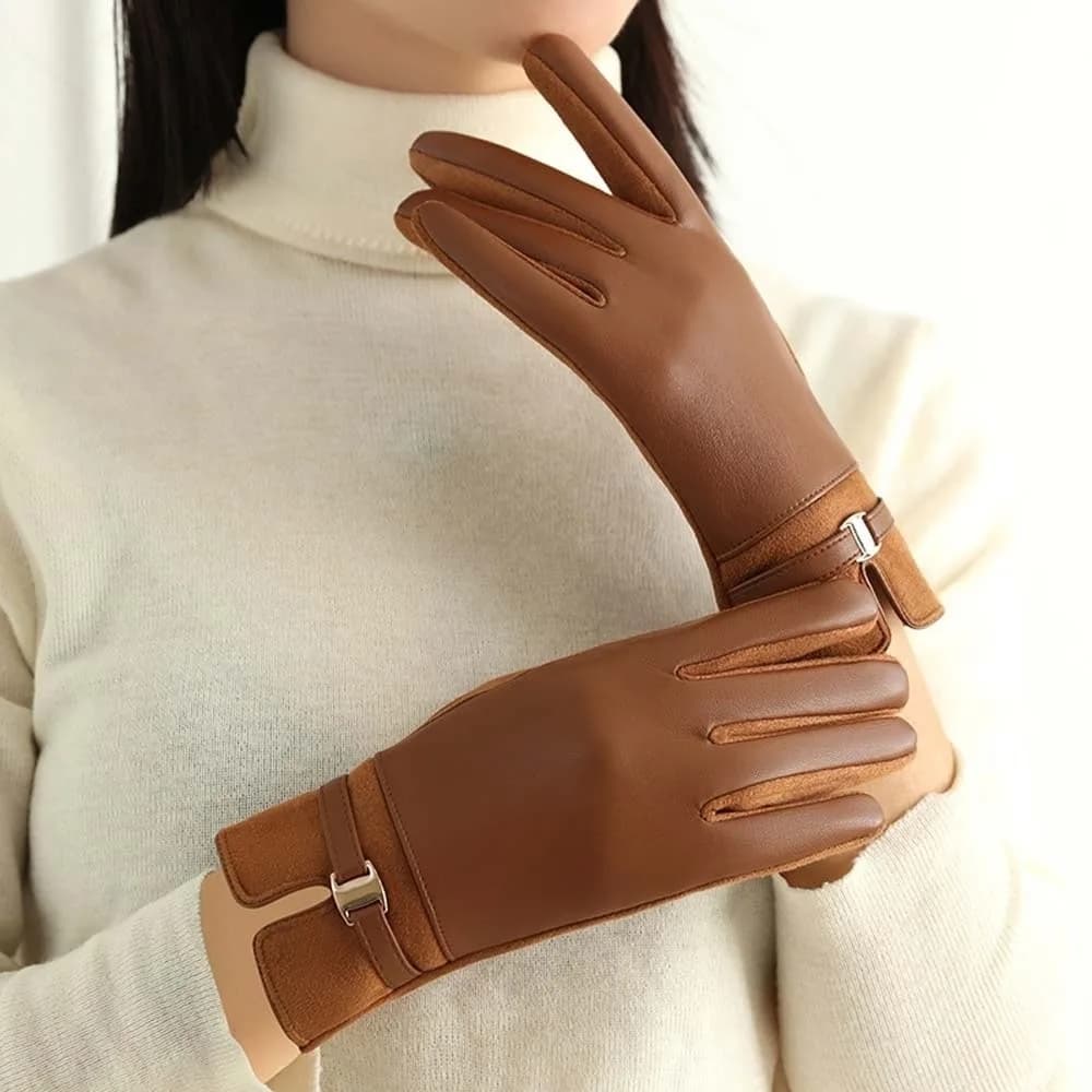Fleece Lined Leather Gloves Metal Buckle Solid Color Touchscreen Gloves Anti-splash Water Soft Lining Thermal Hand Warmer
