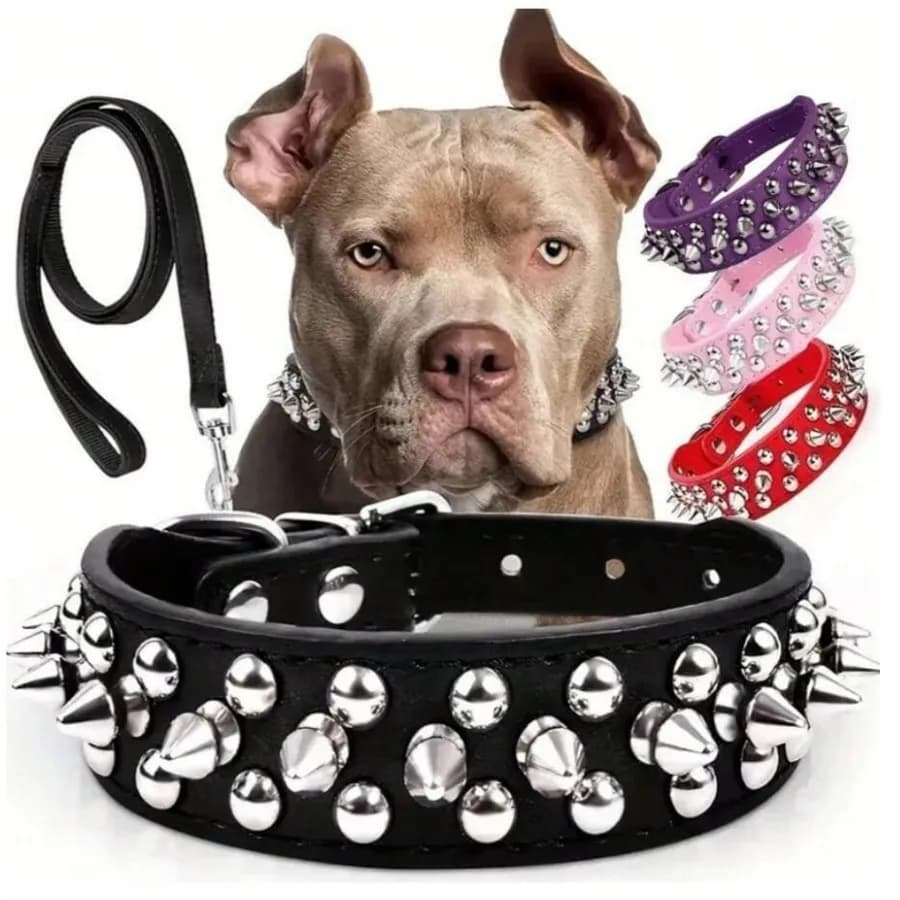 Imbracatura Tattica Punk per Cani con Motivo Solido, Collare e Guinzaglio con Borchie a Proiettile