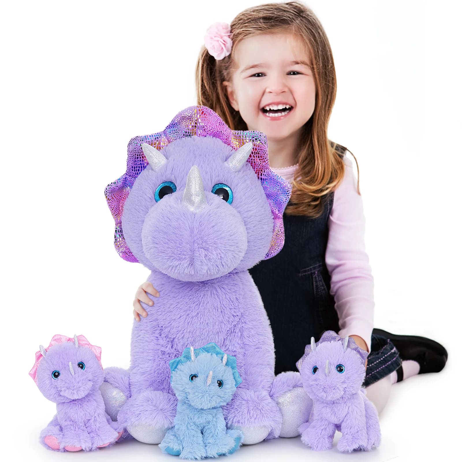 MaoGoLan Triceratops Peluche, 21" Viola Mamma Dinosauro Peluche con 3 Neonati, Set di Cuscini di Peluche Dinosauro Gigante