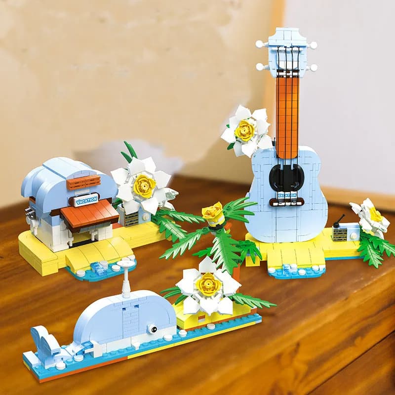 MOC 3 in 1 Ukulele Strumento musicale Building Blocks Set Capanna balena Skyline floreale Giocattolo fai da te per le vacanze di compleanno Regalo speciale per il giorno