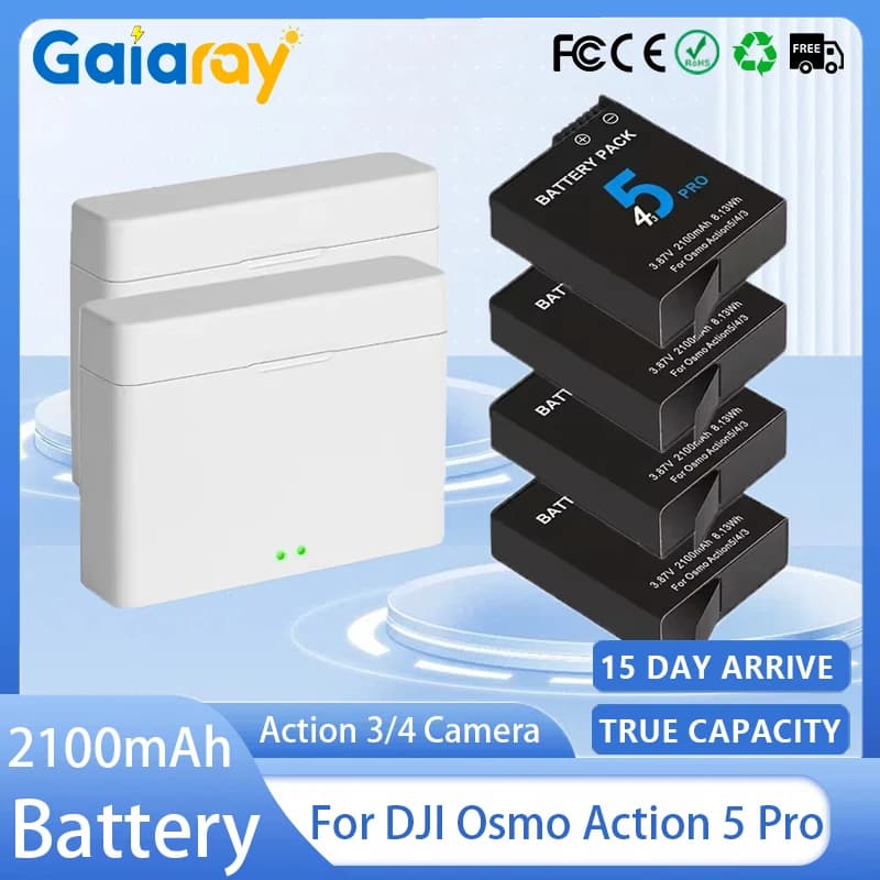 2100mAh Battery for DJI Osmo Action 5 Pro Action Camera Batteries 2 Slots Fast Charger Battery for Osmo 3 4 5 Pro Accessories