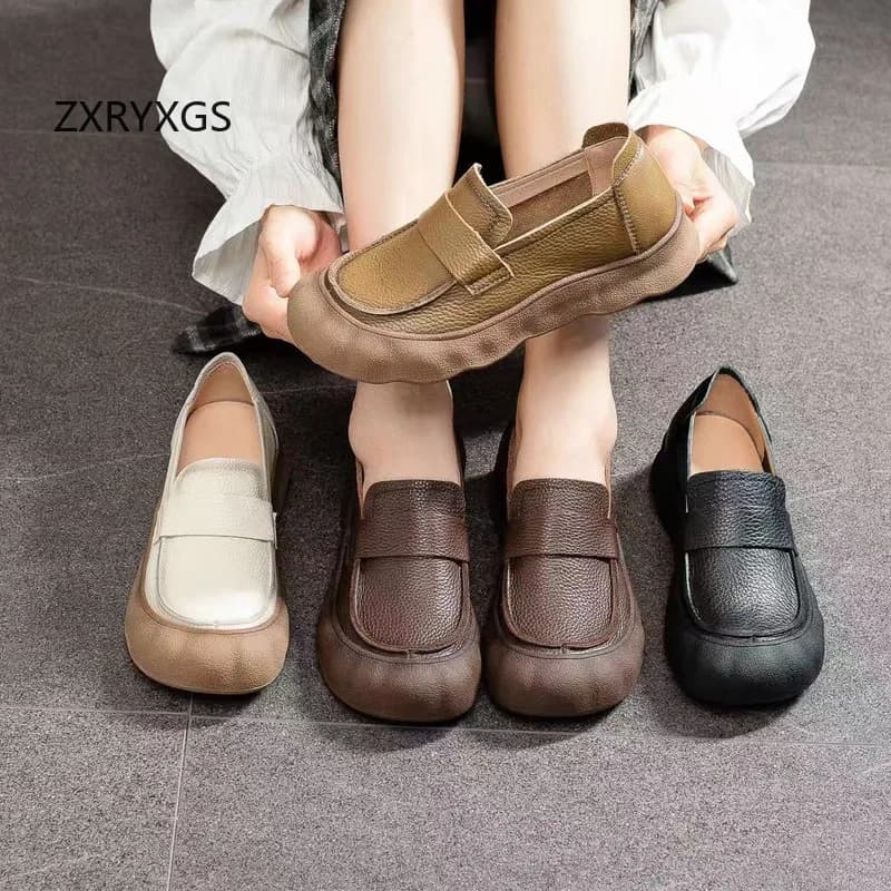 ZXRYXGS 2025 Nuovo Punta Rotonda Premium Scarpe Da Ginnastica In Vera Pelle Scarpe Casual Comode Morbide Suola Spessa Appartamenti Scarpe Da Viaggio da Donna