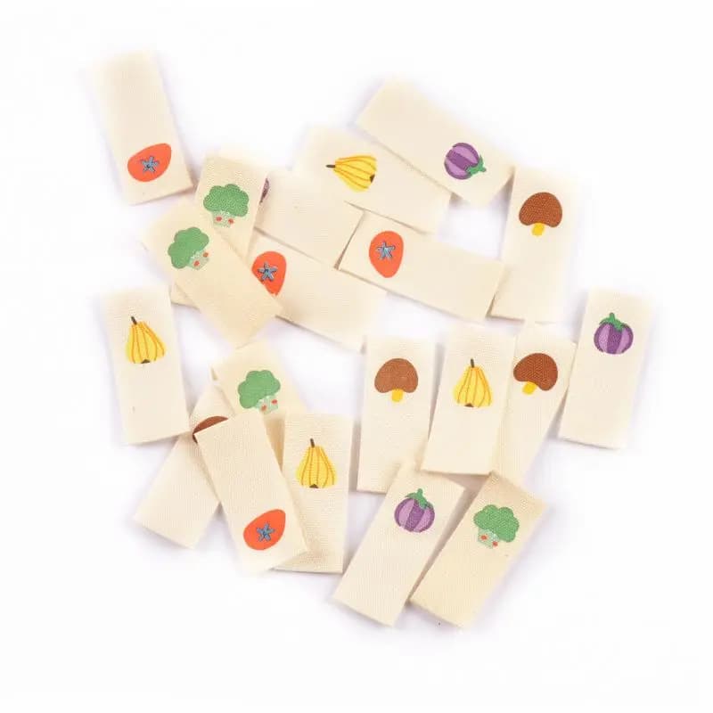 50 pz 15 × 38mm Motivo Misto Etichette di cotone Persimmie funghi Pere Etichetta di Cucito Personalizzata Abbigliamento FAI DA TE Decorazione cp3810