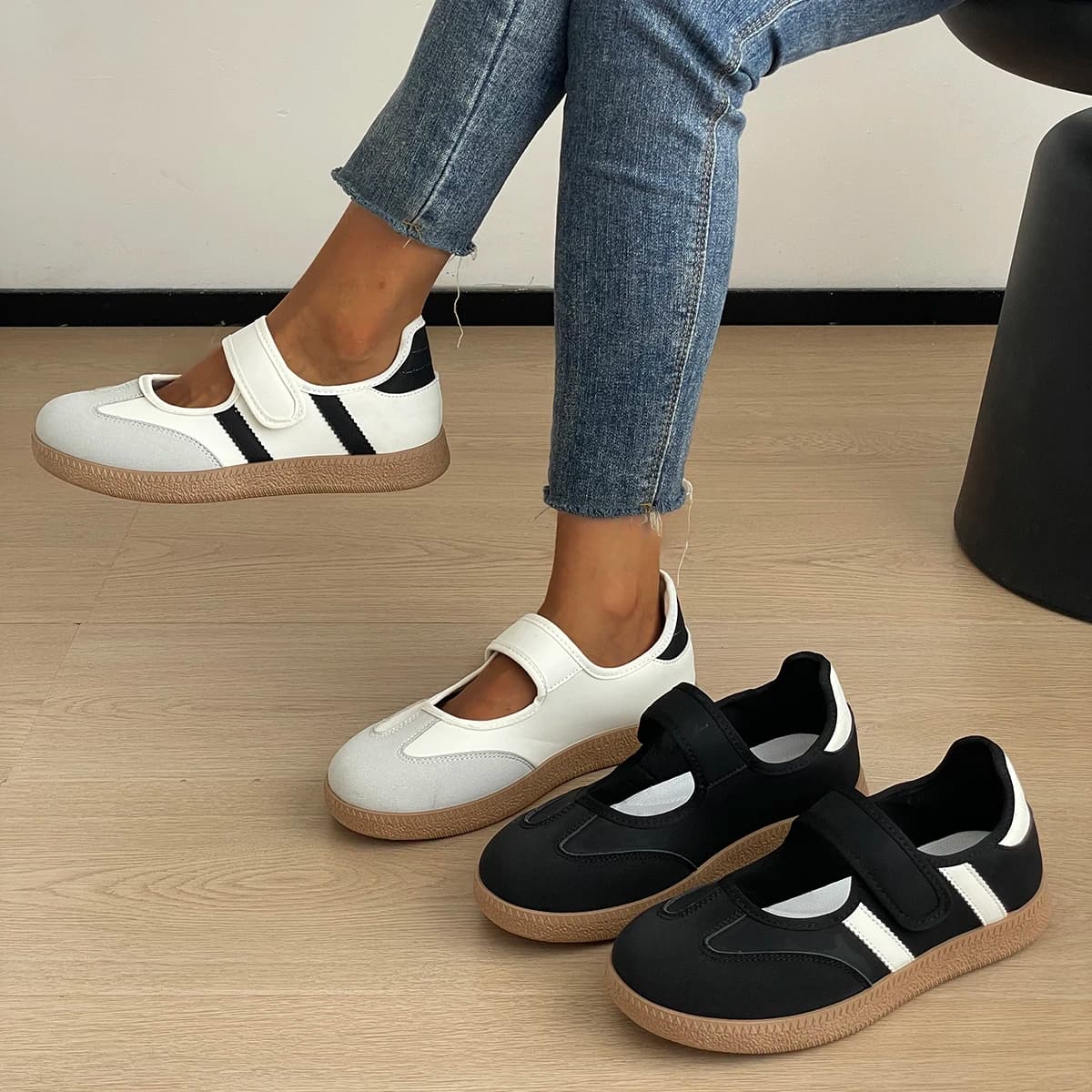 Women Vintage Stripe Mary‑Jane Sneakers Adjustable Velcro Strap Gum Rubber Flat Sole Lightweight Daily Walking Casual Trainers