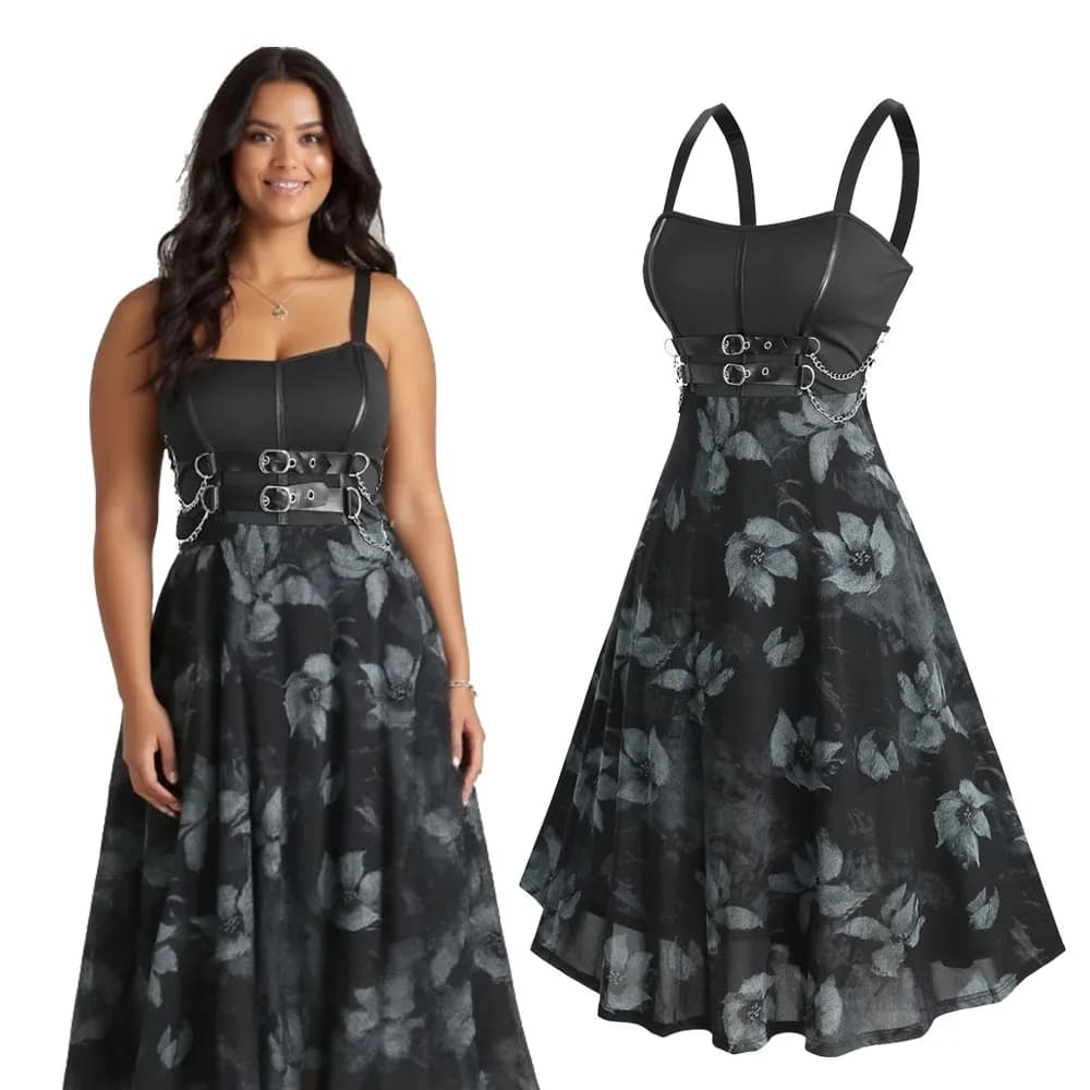 ROSEGAL Abiti da canotta taglie forti con fiori Stampa Occhielli Catene con fibbia Dettaglio Abito casual estivo alla moda da donna elegante