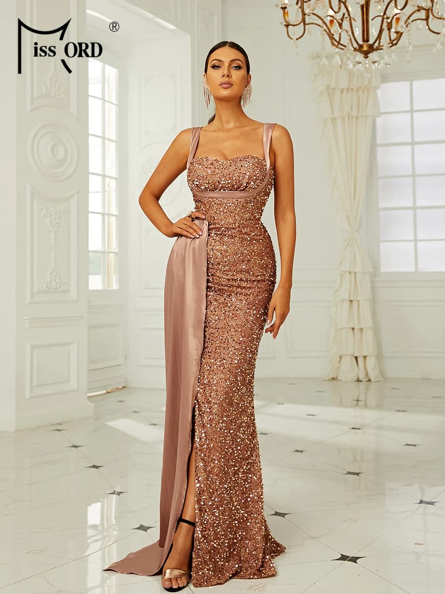 Missord abito da sposa damigella d'onore con paillettes rosa elegante donna bretella drappeggiata coscia divisa abiti da sera lunghi abito da ballo