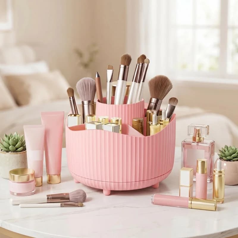 360 ° Organizer Girevole per Trucchi, Porta Pennelli Cosmetici, Rossetti, Matite Sopracciglia e Contenitore per Gioielli da Scrivania
